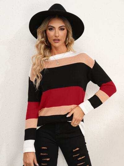 Striped Round Neck Dropped Shoulder Sweater - Trendsi - Flyclothing LLC