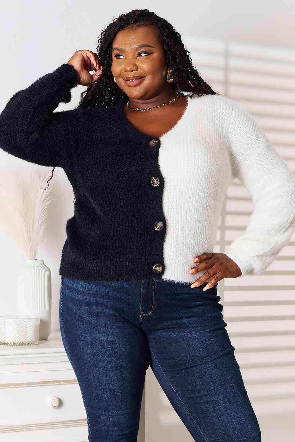 Woven Right Contrast Button-Front V-Neck Cardigan - Trendsi - Flyclothing LLC