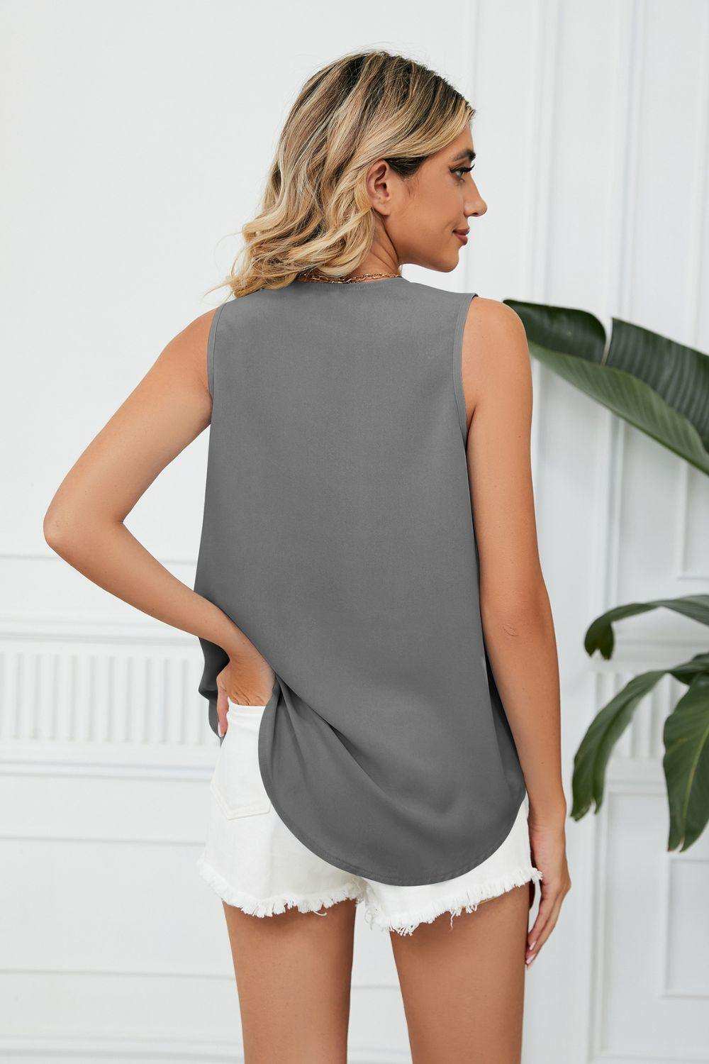 Contrast Trim Plunge Sleeveless Blouse - Trendsi - Flyclothing LLC