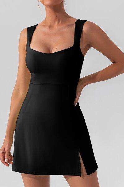Square Neck Sleeveless Slit Mini Active Dress - Trendsi - Flyclothing LLC