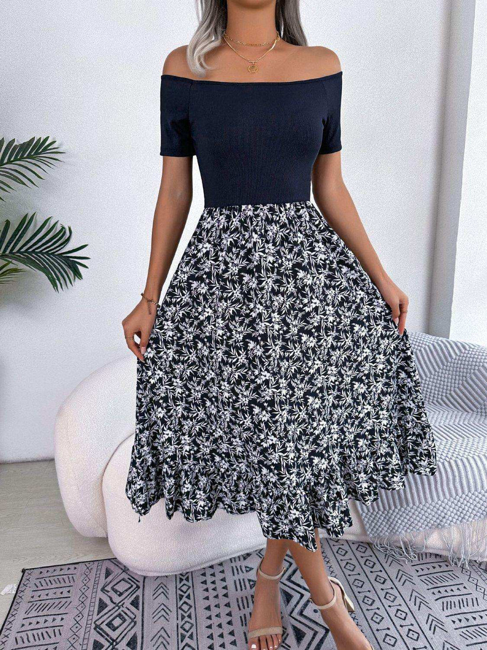 Printed Off-Shoulder Ruffle Hem Dress - Trendsi - Flyclothing LLC