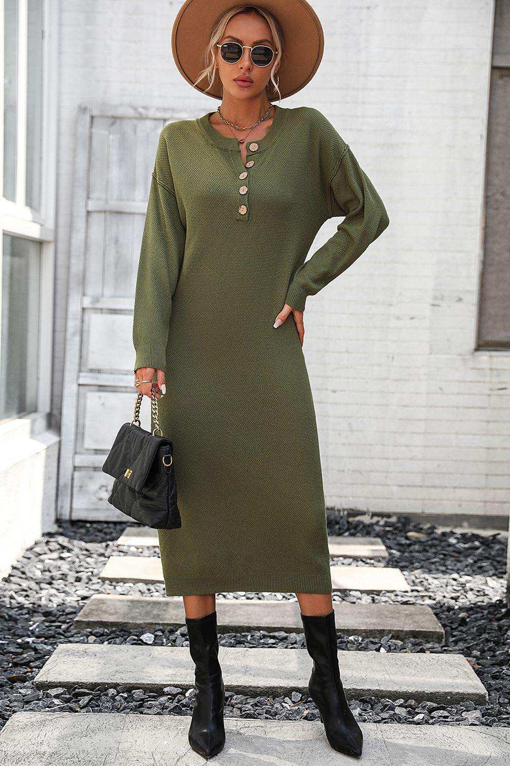 Notched Neck Dropped Shoulder Button-Down Midi Dress - Trendsi - Flyclothing LLC