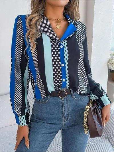 Polka Dot Contrast Long Sleeve Shirt - Trendsi - Flyclothing LLC