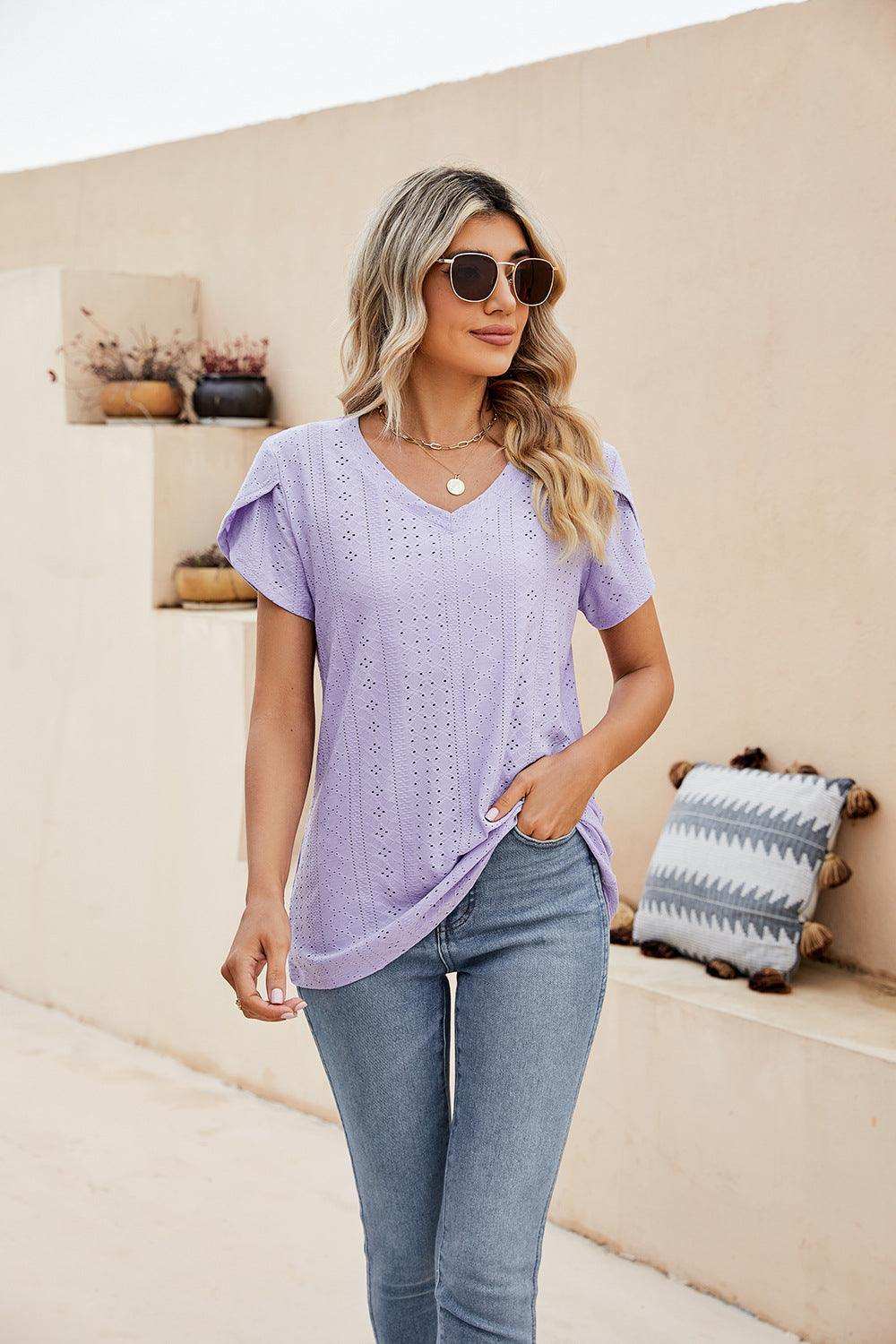 Eyelet Petal Sleeve V-Neck Knit Top - Trendsi - Flyclothing LLC