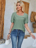 Eyelet Asymmetrical Neck Short Sleeve T-Shirt - Trendsi - Flyclothing LLC