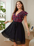 Plus Size Floral Surplice Neck Flutter Sleeve Dress - Trendsi - Flyclothing LLC