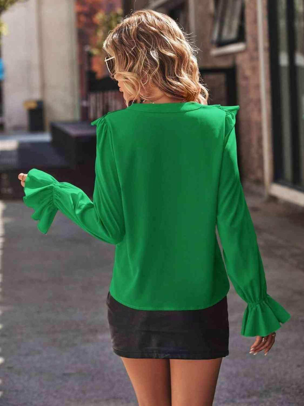Ruffled V-Neck Flounce Sleeve Shirt - Trendsi - Flyclothing LLC