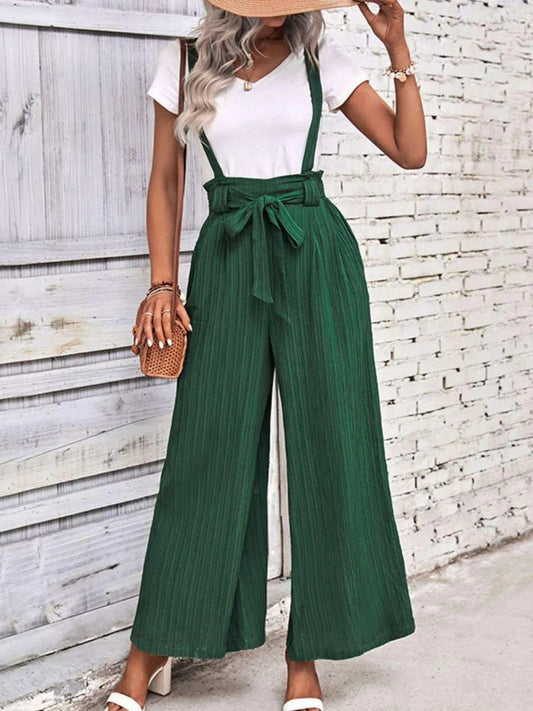 Tie Belt Wide Leg Overalls - Trendsi - Flyclothing LLC