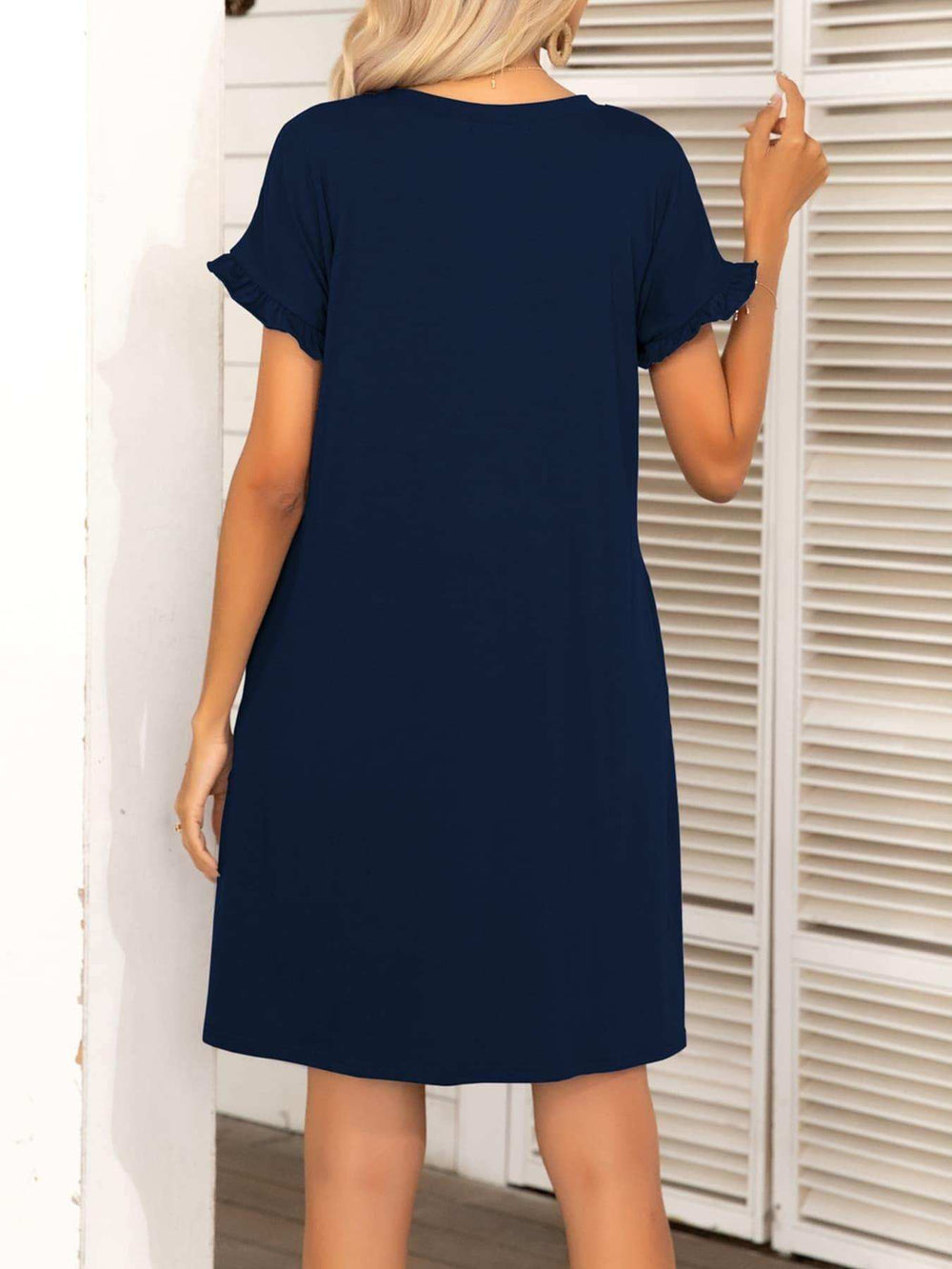Round Neck Flounce Sleeve Dress with Pockets - Trendsi - Flyclothing LLC