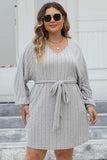 Plus Size Ribbed Tie Front Long Sleeve Sweater Dress - Trendsi - Flyclothing LLC