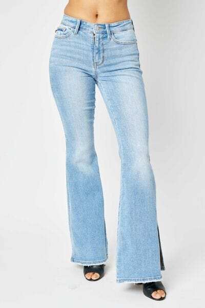 Judy Blue Full Size Mid Rise Raw Hem Slit Flare Jeans - Trendsi - Flyclothing LLC