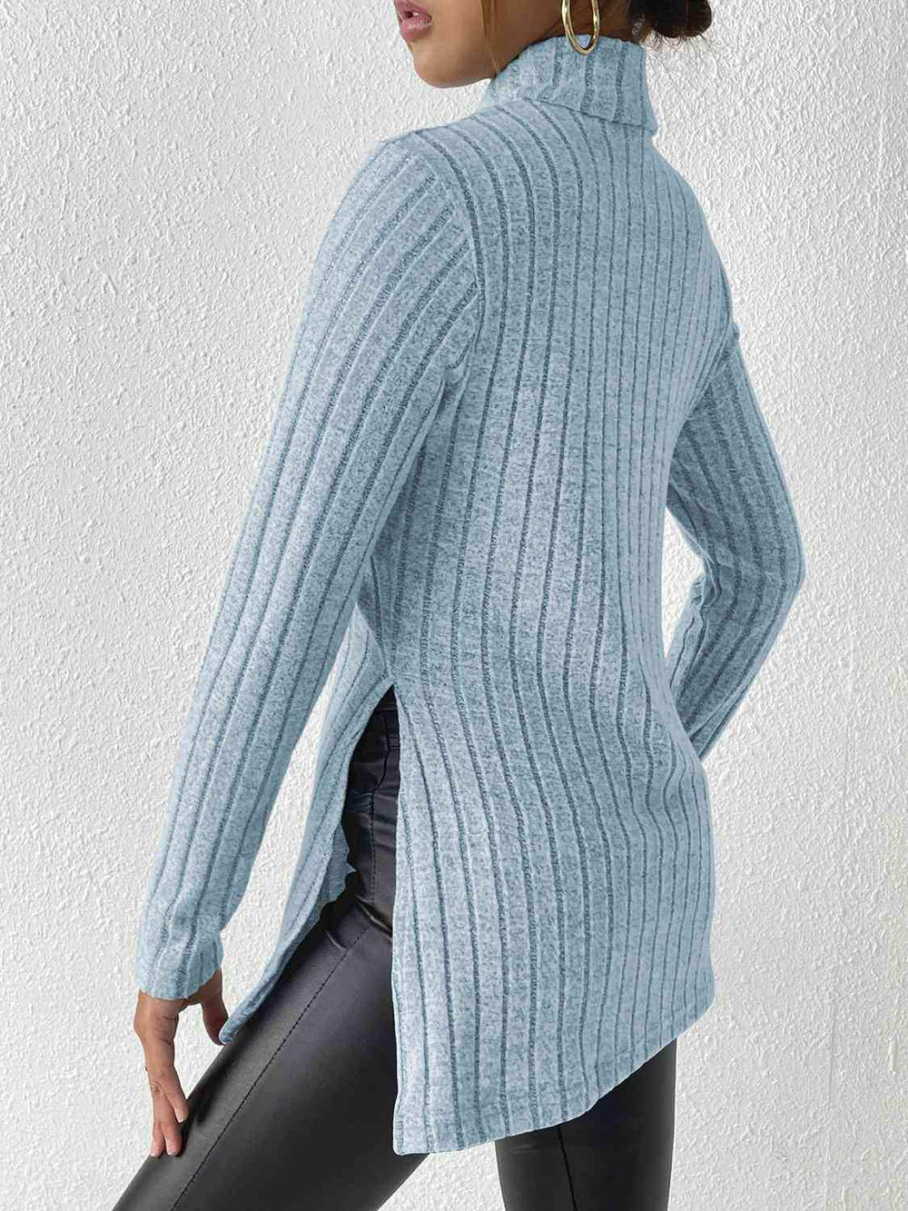 Ribbed Turtleneck Long Sleeve Slit T-Shirt - Trendsi - Flyclothing LLC