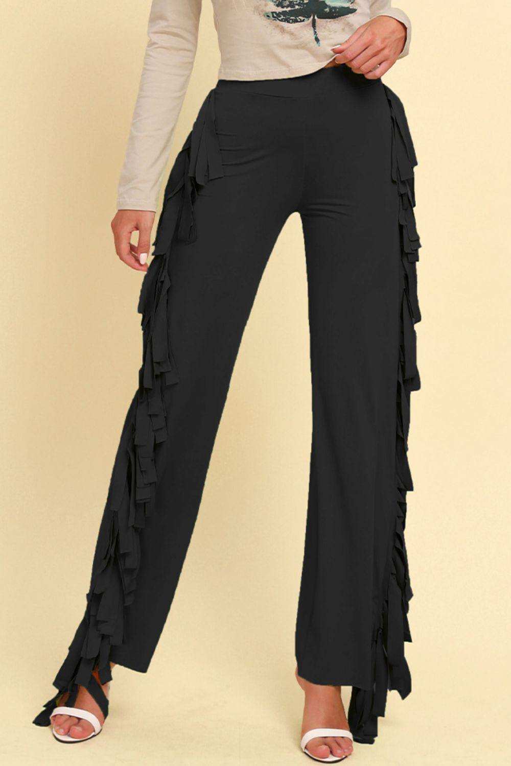 Fringe Trim Wide Leg Pants - Trendsi - Flyclothing LLC