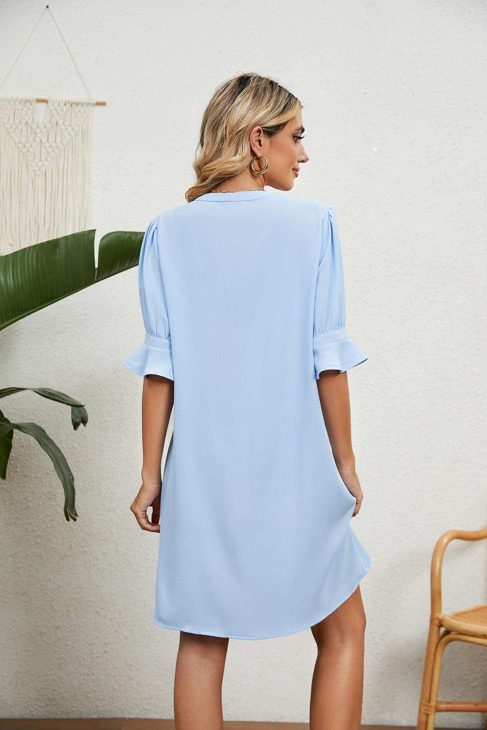 Notched Neck Flounce Sleeve Dress - Trendsi - Flyclothing LLC
