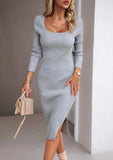 Rib-Knit Slit Sweater Dress - Trendsi - Flyclothing LLC