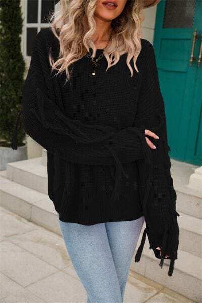 Fringe Round Neck Dropped Shoulder Sweater - Trendsi - Flyclothing LLC
