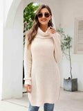 Turtleneck Waffle-Knit Slit Sweater Dress - Trendsi - Flyclothing LLC