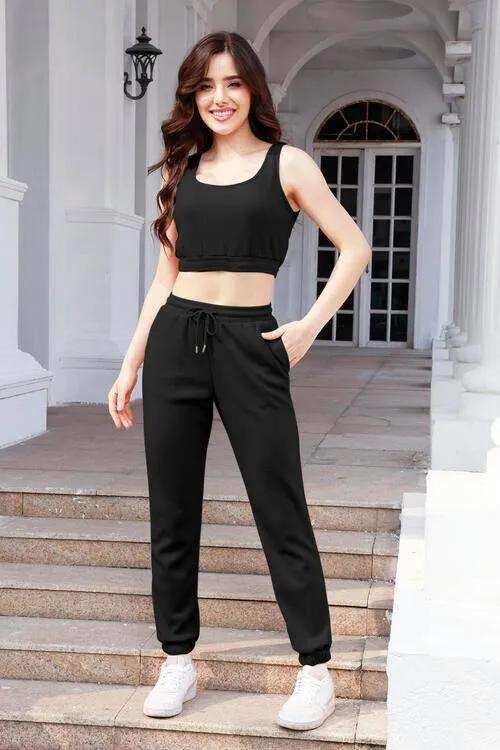 Waffle-Knit Cropped Tank and Drawstring Pants Set - Trendsi - Flyclothing LLC