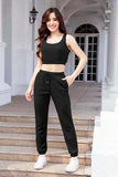 Waffle-Knit Cropped Tank and Drawstring Pants Set - Trendsi - Flyclothing LLC