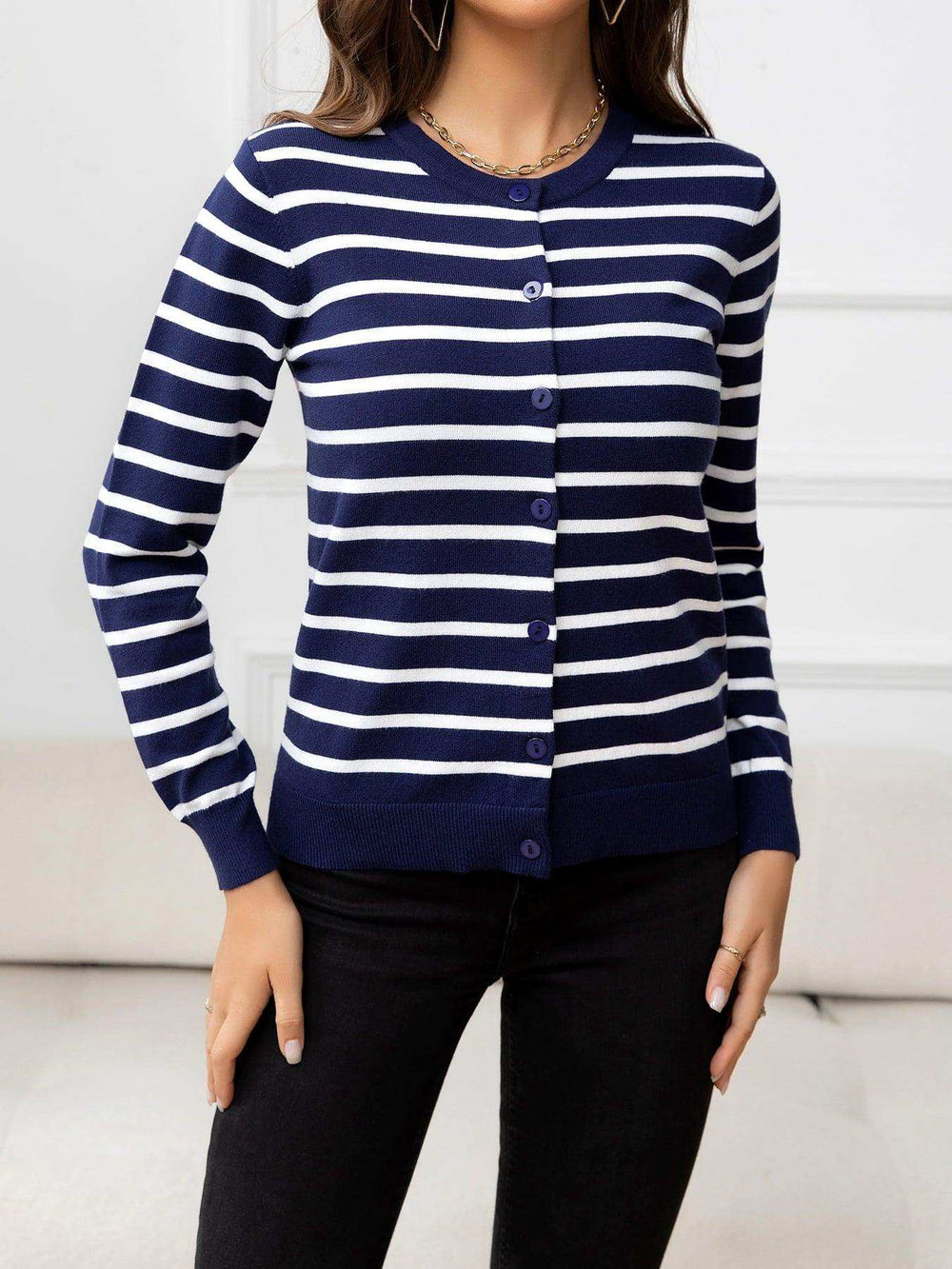 Striped Round Neck Long Sleeve Buttoned Knit Top - Trendsi - Flyclothing LLC