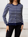 Striped Round Neck Long Sleeve Buttoned Knit Top - Trendsi - Flyclothing LLC