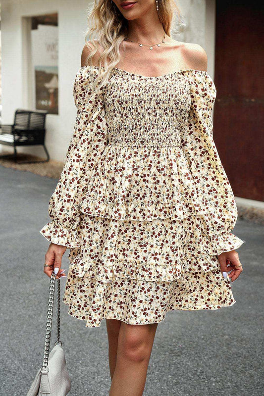 Smocked Flounce Sleeve Ruffled Dress - Trendsi - Flyclothing LLC