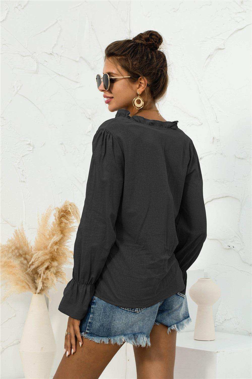 Frill Trim V-Neck Flounce Sleeve Shirt - Trendsi - Flyclothing LLC