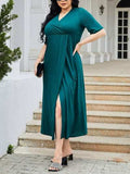 Plus Size Slit Surplice Short Sleeve Midi Dress - Trendsi - Flyclothing LLC