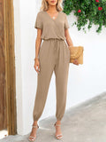 Short Sleeve V-Neck Jumpsuit with Pockets - Trendsi - Flyclothing LLC