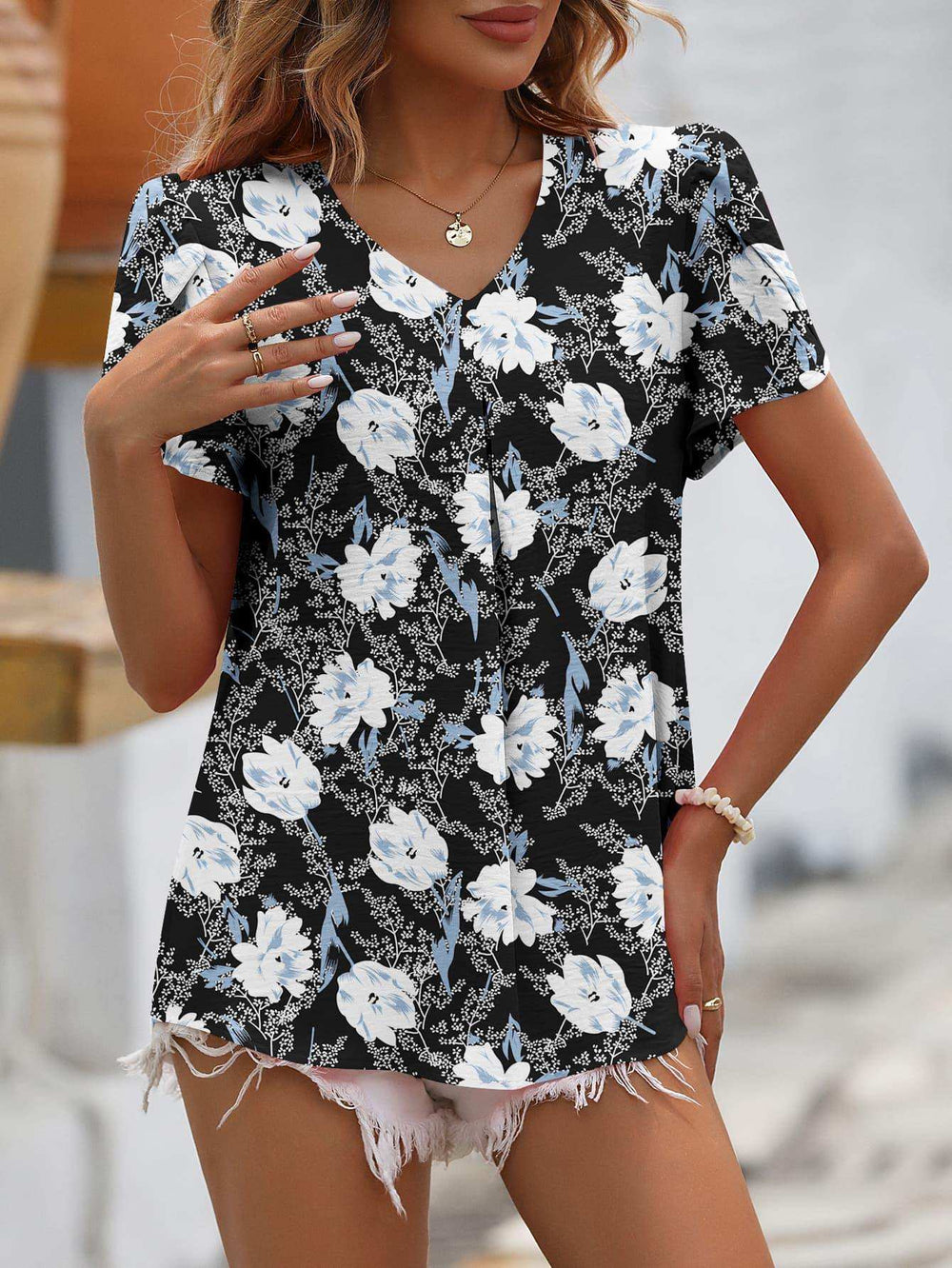 Ruche V-Neck Petal Sleeve Top - Trendsi - Flyclothing LLC