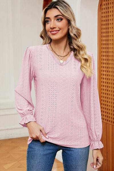 Eyelet V-Neck Flounce Sleeve T-Shirt - Trendsi - Flyclothing LLC