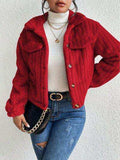 Fuzzy Button Up Collared Neck Jacket - Trendsi - Flyclothing LLC