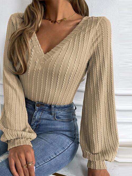 Cable-Knit V-Neck Long Sleeve Knit Top - Trendsi - Flyclothing LLC
