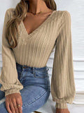 Cable-Knit V-Neck Long Sleeve Knit Top - Trendsi - Flyclothing LLC