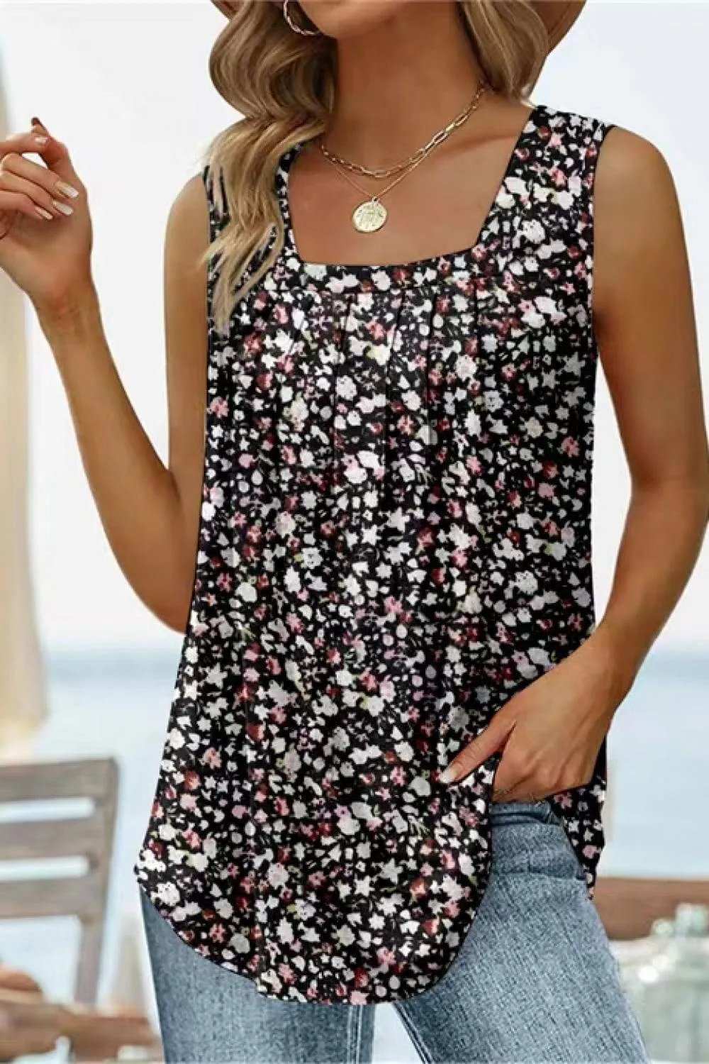 Printed Square Neck Curved Hem Tank - Trendsi - Flyclothing LLC