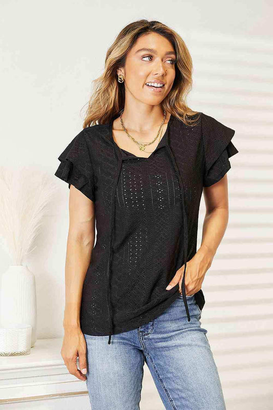 Double Take Eyelet Tie-Neck Flutter Sleeve Blouse - Trendsi - Flyclothing LLC