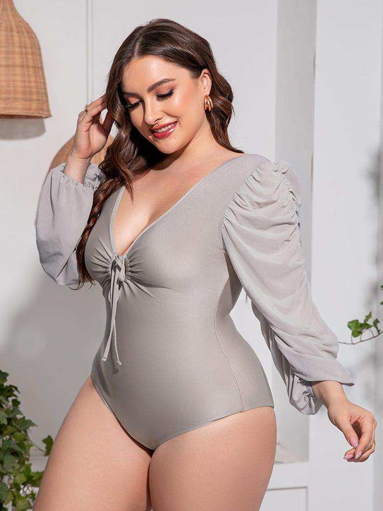 Plus Size Tied Deep V Balloon Sleeve One-Piece Swimsuit - Trendsi - Flyclothing LLC
