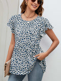 Leopard Round Neck Flutter Sleeve Babydoll Blouse - Trendsi - Flyclothing LLC