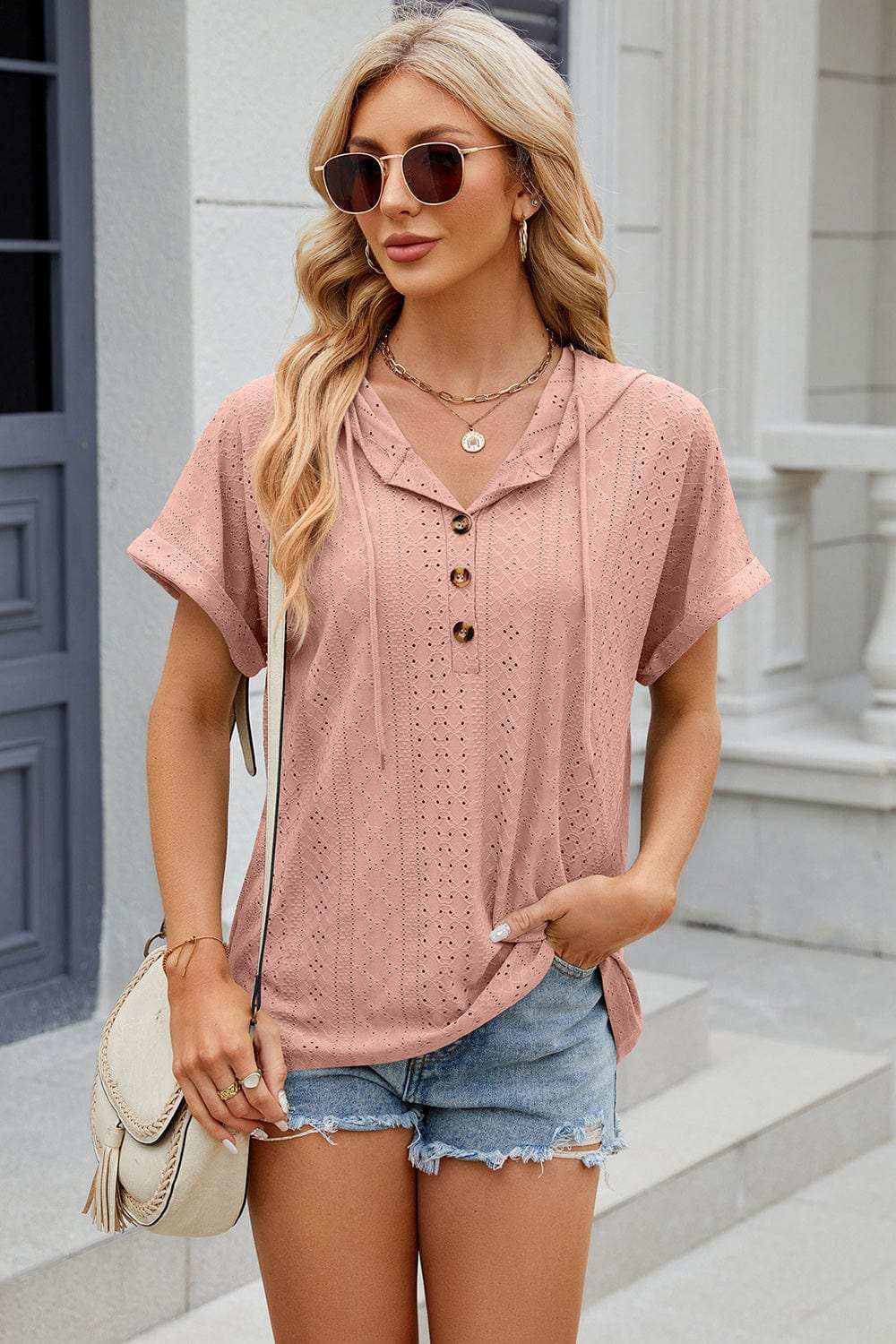 Eyelet Drawstring Hooded Short Sleeve Blouse - Trendsi - Flyclothing LLC