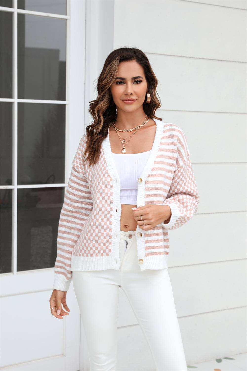 Button-Down Stripe & Plaid Contrast Pattern Cardigan - Trendsi - Flyclothing LLC