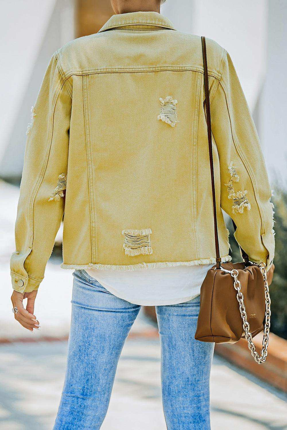 Distressed Raw Hem Denim Jacket - Trendsi - Flyclothing LLC