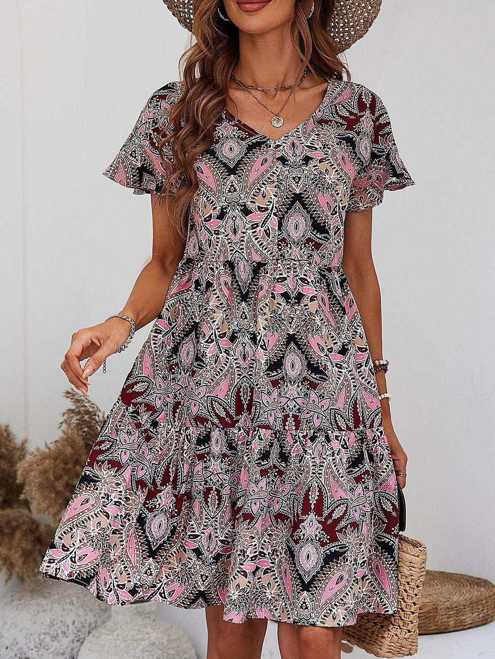 Printed V-Neck Tiered Dress - Trendsi - Flyclothing LLC
