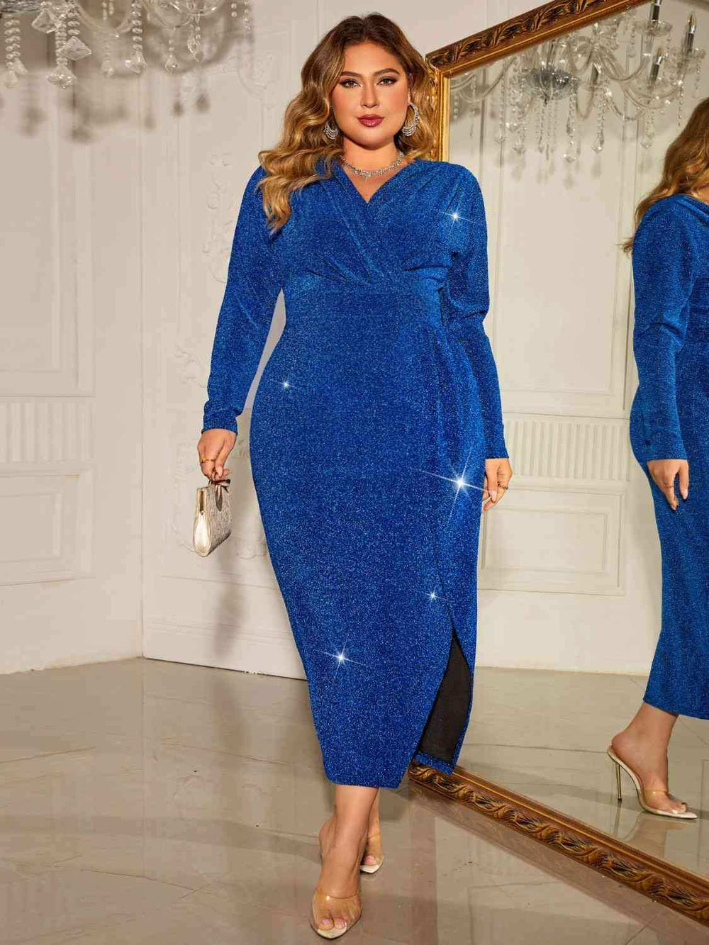 Plus Size Surplice Neck Slit Dress - Trendsi - Flyclothing LLC