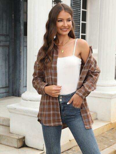 Plaid Button Up Pocketed Shirt - Trendsi - Flyclothing LLC
