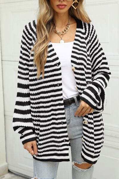 Striped Button Up Long Sleeve Cardigan - Trendsi - Flyclothing LLC