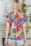 Multicolored Flutter Sleeve Mock Neck Blouse - Trendsi - Flyclothing LLC