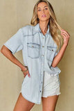 Slit Snap Down Short Sleeve Denim Top - Trendsi - Flyclothing LLC