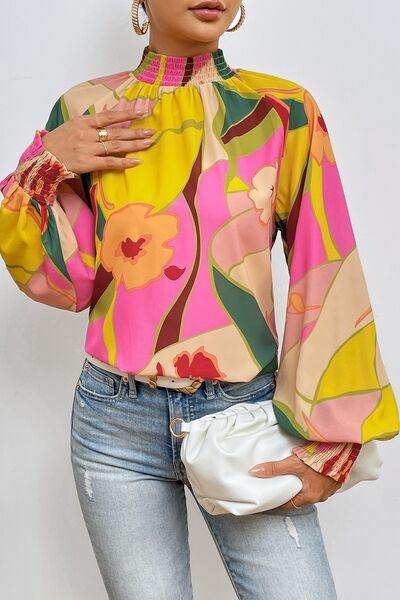 Floral Smocked Lantern Sleeve Mock Neck Blouse - Trendsi - Flyclothing LLC
