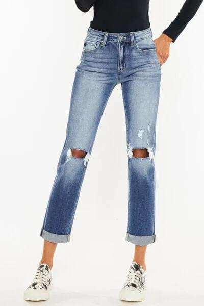 Kancan High Waist Distressed Hem Detail Cropped Straight Jeans - Trendsi - Flyclothing LLC