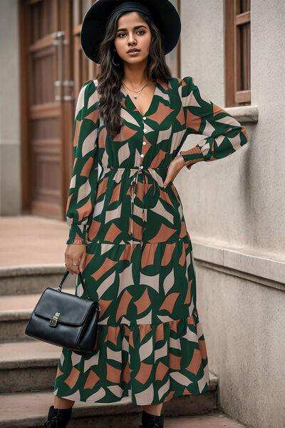 Printed Tied Pocketed Lantern Sleeve Dress - Trendsi - Flyclothing LLC